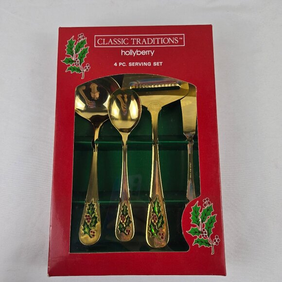 Classic Traditions Hollyberry 4 Piece Serving Set Gold Toned with Leaves Berries - Picture 1 of 7